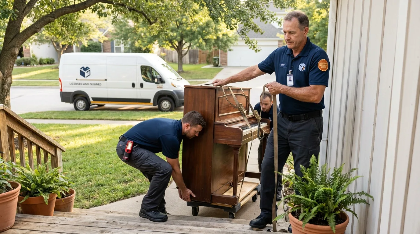 Licensed piano movers securing grand piano in Matawan, NJ