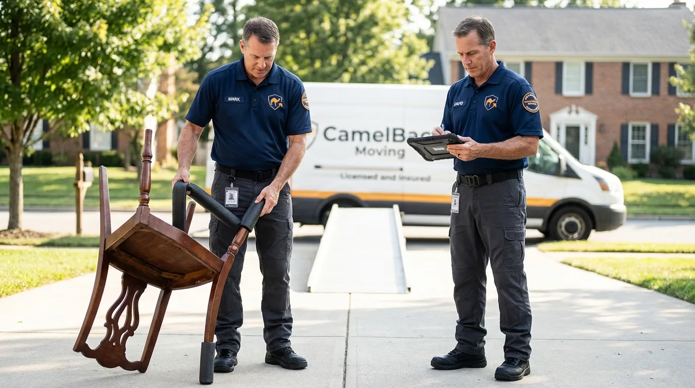 Movers inspecting furniture for damage prevention before loading in Matawan, NJ